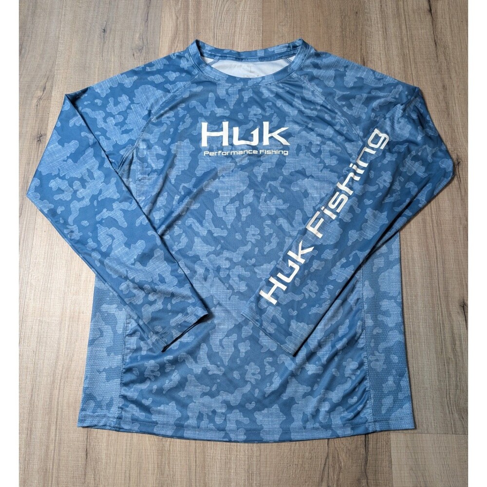 Huk Size Youth XL Performance Fishing Shirt Blue Camo Sun Rash Guard UV Outdoors